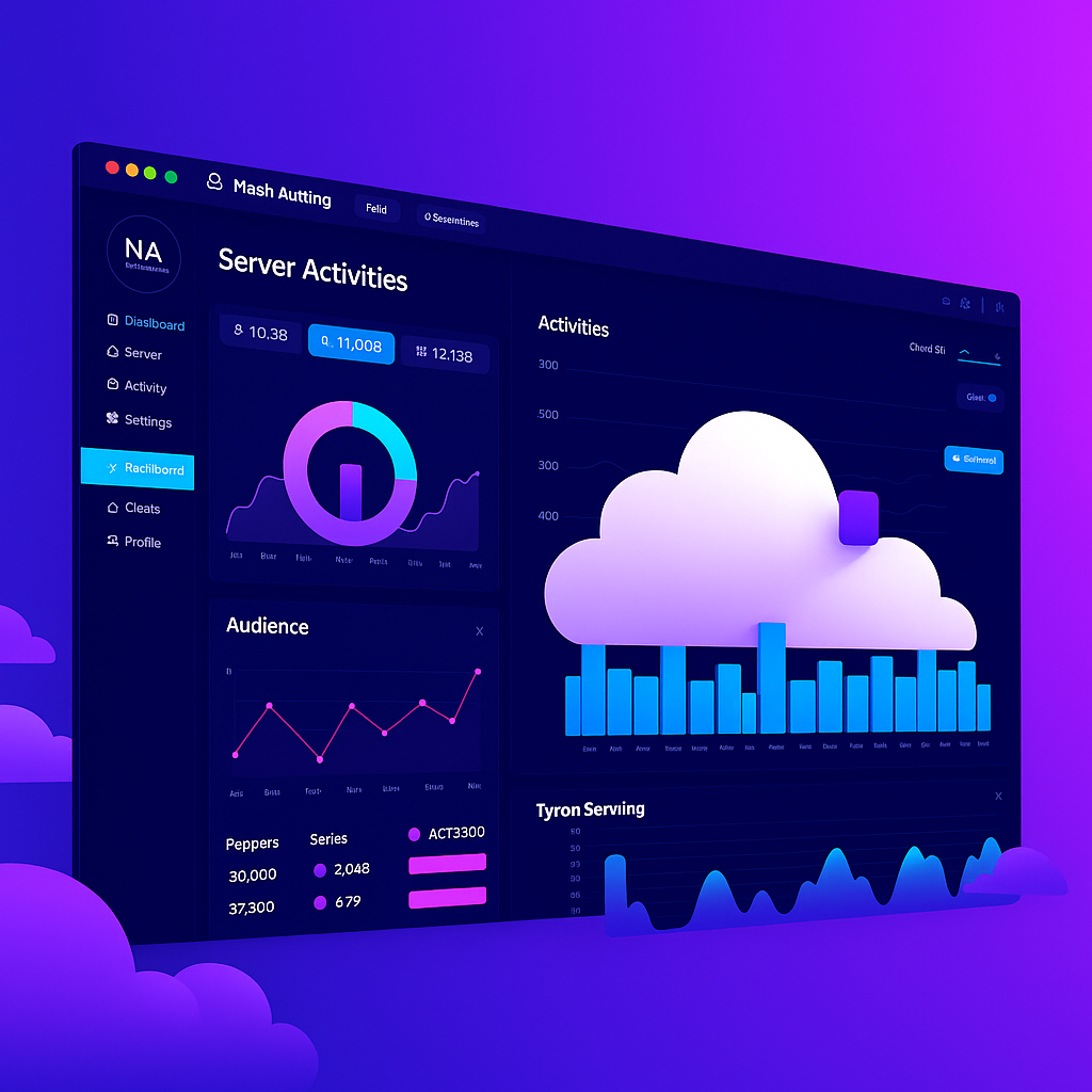 modern server infrastructure dashboard with real-time monitoring, cloud architecture visualization, purple and blue theme