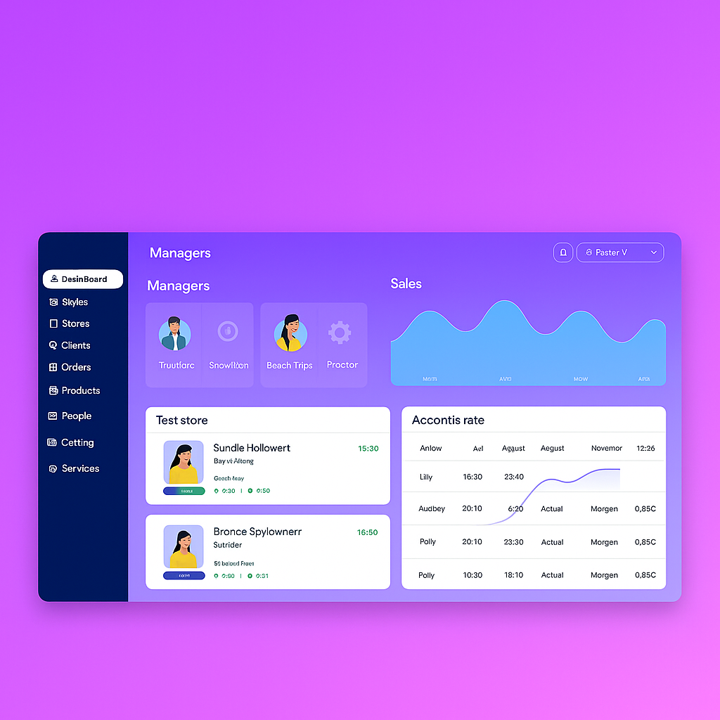 modern e-commerce dashboard interface with purple and blue gradient, sleek design, multiple store analytics, clean UI