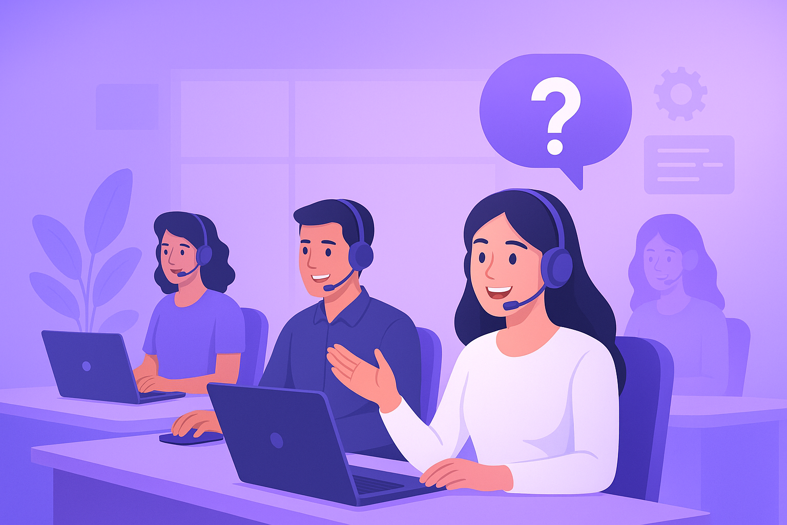 customer support team helping clients, modern office environment, friendly representatives, purple and blue theme