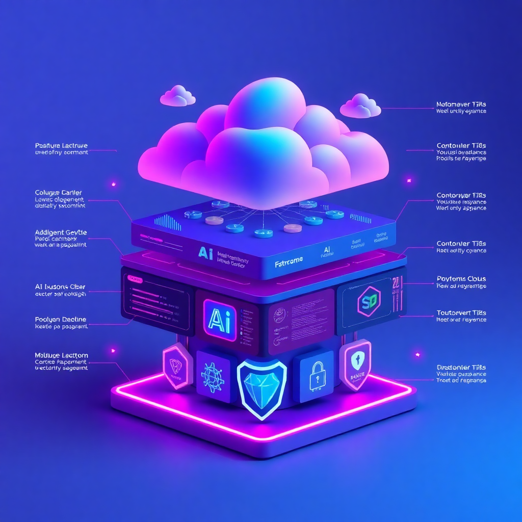modern technology stack visualization, cloud infrastructure, AI components, security layers, purple and blue theme