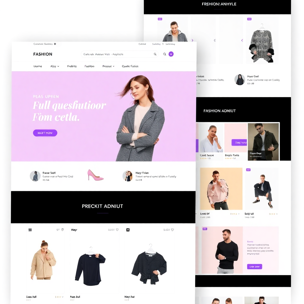 modern fashion e-commerce template, clean design, purple accents, product showcase